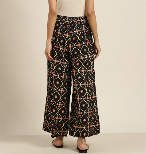 Women Black & Golden Ethnic Motifs Print Wide Leg Palazzos